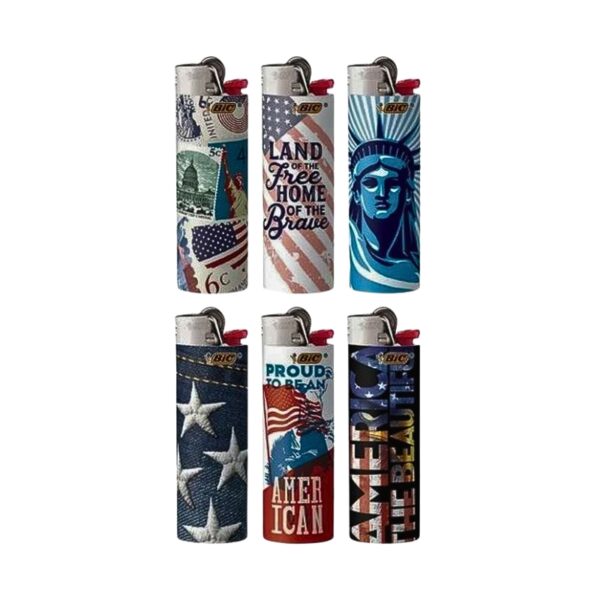 Six BIC lighters with patriotic American-themed designs, including the Statue of Liberty, stars, and text like 'Land that is Free, Home of the Brave' and 'Proud to Be American', arranged in a 2x3 grid on a white background.