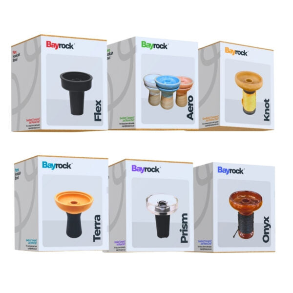 Six Bayrock vape attachment boxes arranged in two rows on a white background, including Flex, Aero, Knot, Terra, Prism, and Onyx models.