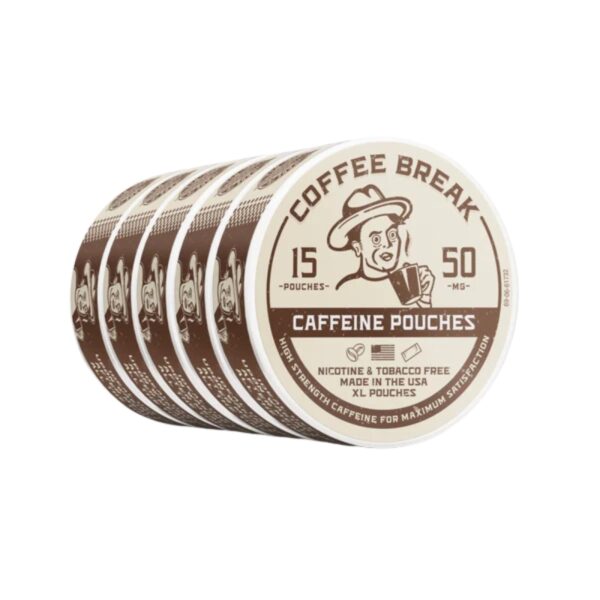 Six Coffee Break caffeine pouches stacked in a fan arrangement, showing the front label with a cowboy illustration and text indicating 15 pouches and 50 mg caffeine, on a plain white background.