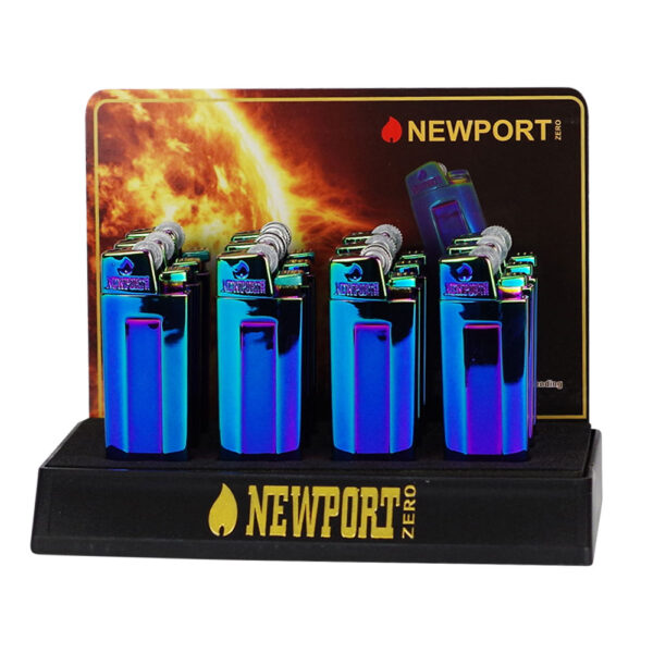Six Newport Zero flameless lighters with a metallic blue-to-purple iridescent finish, displayed on a black stand with a fiery sun graphic background.
