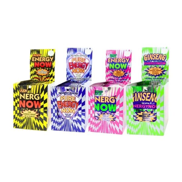 Six colorful product boxes arranged in two rows on a plain white background. The boxes feature bold text including 'Energy Now' and 'Ginseng', with bright neon-style graphics in yellow, blue, pink, and green.