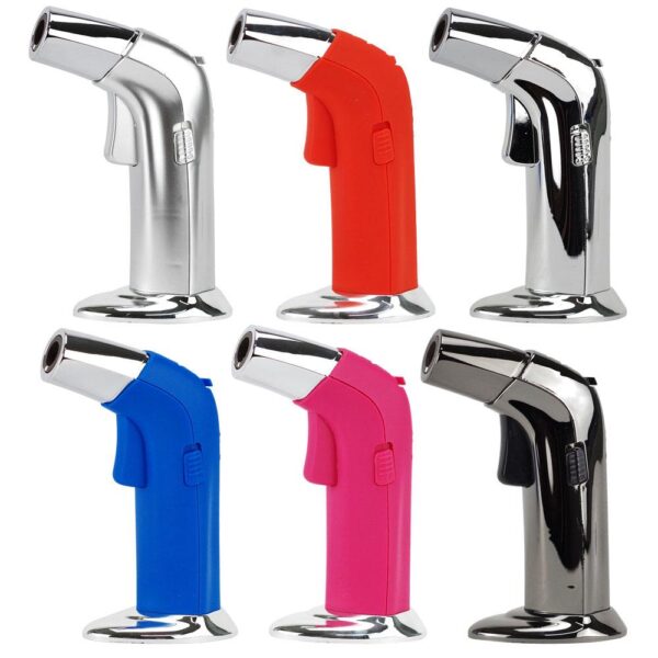 Six handheld torch lighters in different colors are arranged in a 2x3 grid on a plain white background. The colors include silver, red, black, blue, pink, and a dark gray/black finish.