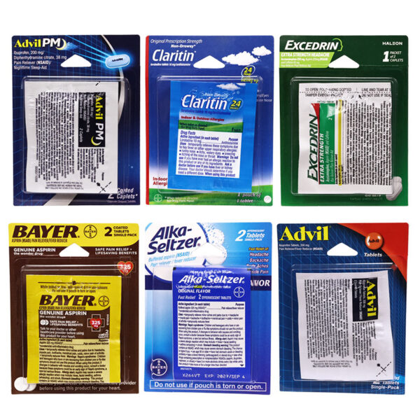 Six packaged over-the-counter medications arranged in a 2x3 grid on a white background: Advil PM, Claritin, Excedrin, Bayer Genuine Aspirin, Alka-Seltzer, and Advil.