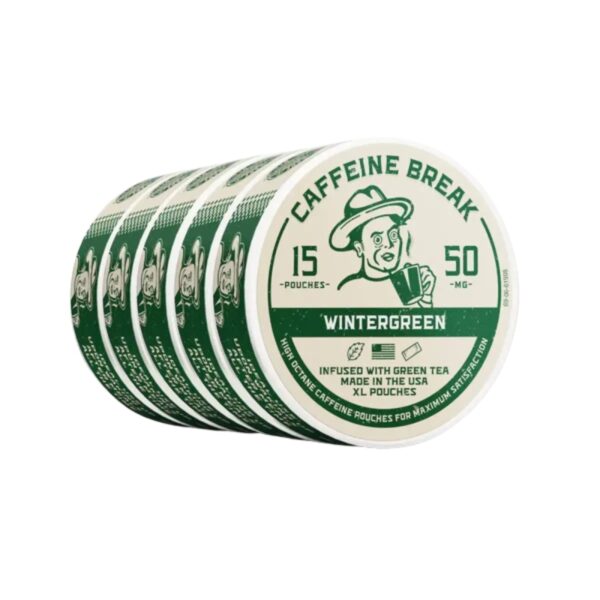 Six round Caffeine Break Wintergreen pouches stacked in a fan arrangement, showing the green and white packaging on a plain white background.