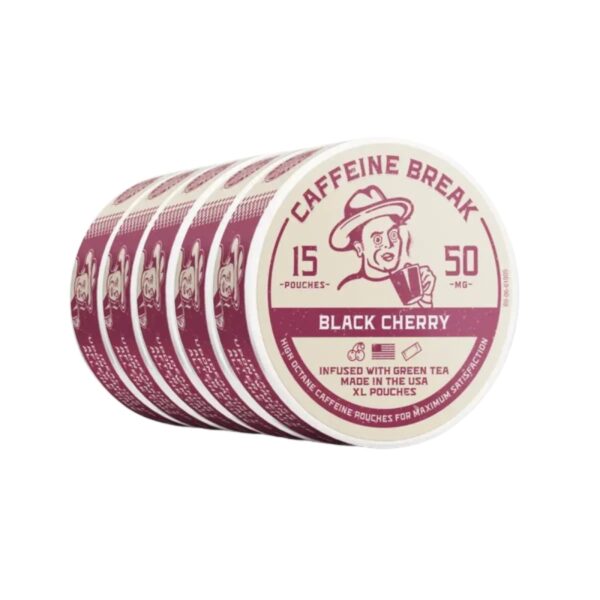 Six round cans of Caffeine Break Black Cherry flavored pouches stacked in a fan shape, showing the front label with a vintage-style cartoon man wearing a hat and the text 'CAFFEINE BREAK BLACK CHERRY'.