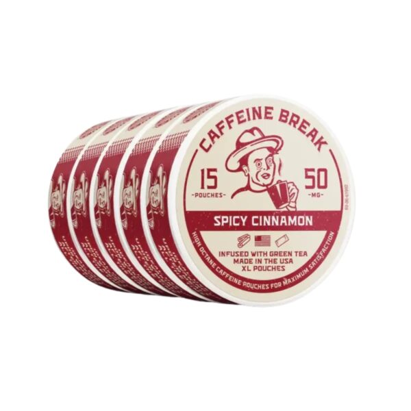 Six round coffee pouch containers fanned out, featuring a red and white label that reads 'CAFFEINE BREAK' and 'SPICY CINNAMON'.