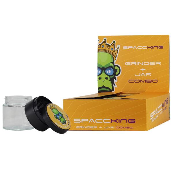 Spaccking Grinder + Jar Combo featuring a clear glass jar, a black grinder lid with a green monkey graphic, and an orange product box with the same monkey illustration.