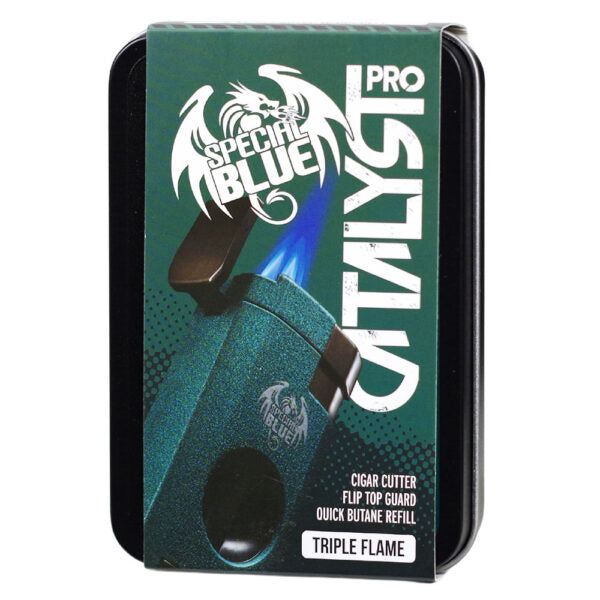 Special Blue Catalyst Pro Triple Flame Cigar torch in its original packaging, featuring a dark green and black box with white and blue graphics.