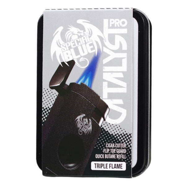 Special Blue Catalyst Pro Triple Flame cigar cutter butane refill in its original packaging, featuring a black and silver design with a graphic of the lighter and blue flame.