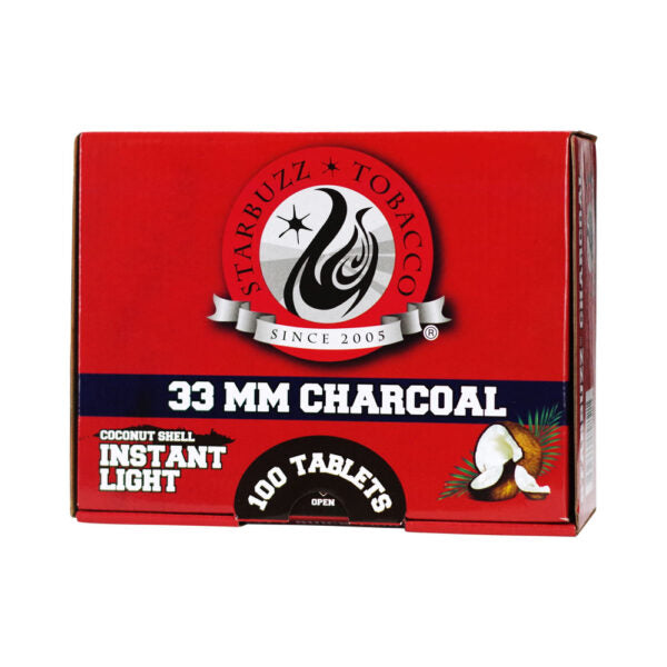 Starbuzz  33 mm Charcoal Instant Light coconut shell instant tablets in a red cardboard box, containing 100 tablets.
