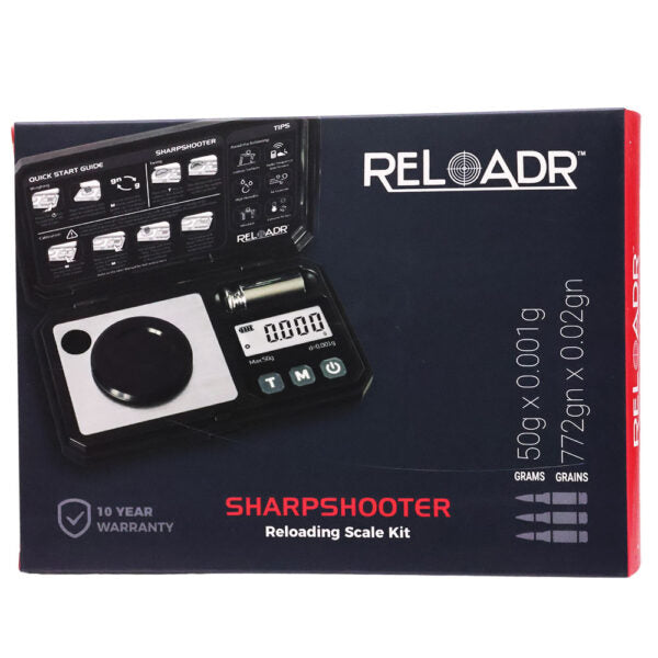 The retail packaging box for the Reloadr Sharpshooter Reloading Scale Kit. The box is predominantly black with a red side panel, featuring a graphic of the digital reloading scale with its lid open, along with product specifications and a 10-year warranty badge.