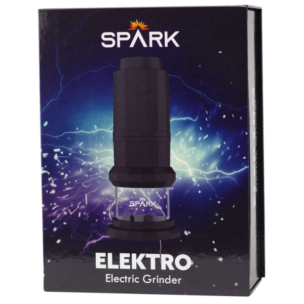 The retail packaging box for the Spark Elektro Electric Grinder, featuring a dark design with blue lightning graphics and a central product illustration.