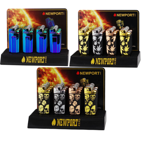 Three Newport 1000 lighter display stands on a white background, each holding multiple iridescent lighter bottles. The top-left stand shows blue iridescent lighter bottles, the top-right stand shows gold, silver, and black patterned lighter bottles, and the bottom stand shows gold, black, and silver skull-patterned lighter bottles.