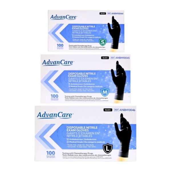 Three boxes of AdvanCare disposable nitrile exam gloves stacked vertically on a white background, showing sizes S, M, and L in black.