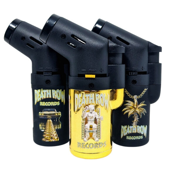 Three butane lighters with 'Death Row Records' branding on a white background