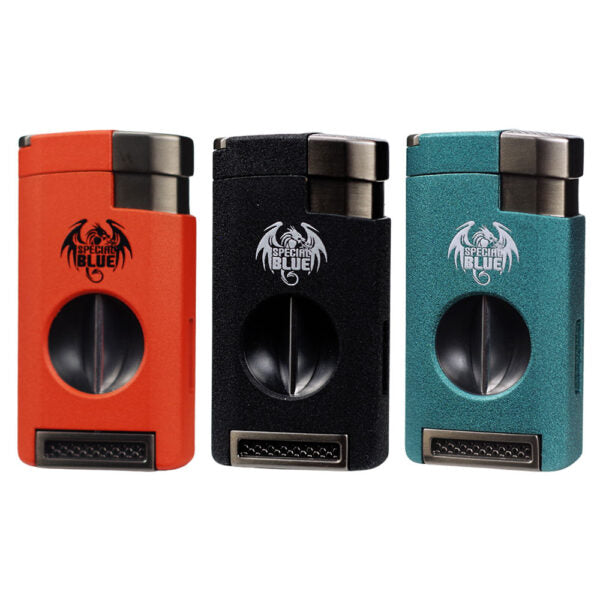 Three cigar torch lighter shown side by side on a white background: a bright orange-red one, a matte black one, and a teal-blue one. Each has a dragon logo with the words 'Special Blue' printed on the front.