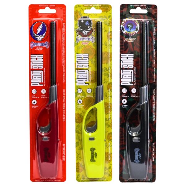 Three packaged lighter products on a white background: a red Santa Muerte lighter in red packaging, a neon yellow lighter in yellow packaging, and a black lighter in black packaging. Each package shows the Santa Muerte logo and the words 'Peligro' and 'Lighter'.