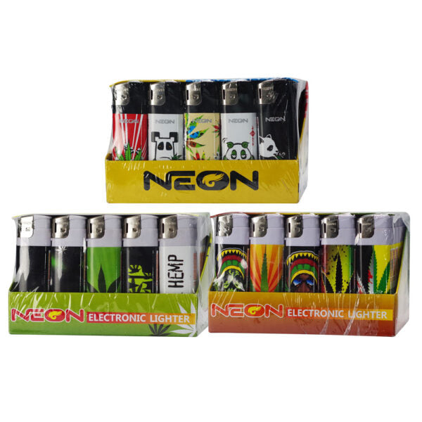 Three retail display boxes of NEON Electronic Lighters on a plain white background. The lighters feature various colorful and graphic designs including a panda, a tiger face, a rainbow, and the words 'HEMP'.