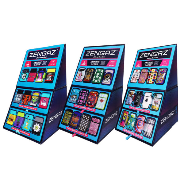 Three retail display stands for Zengaz lighters, arranged side by side on a plain white background. Each stand features multiple colorful lighters with various patterns, and the brand name 'ZENGAZ' is clearly visible on the top panels.