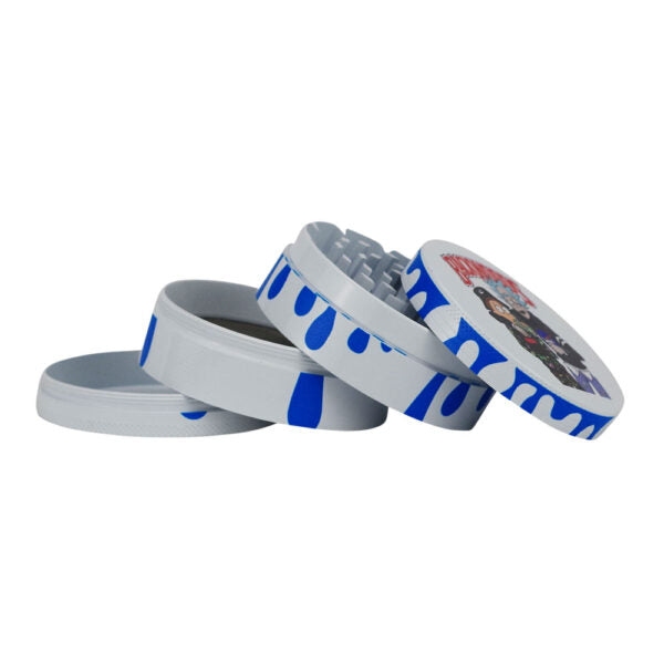 Three round metal rolling trays stacked in an overlapping arrangement on a plain white background. The trays are silver with blue drip-style graphics and one lid features a colorful printed graphic.