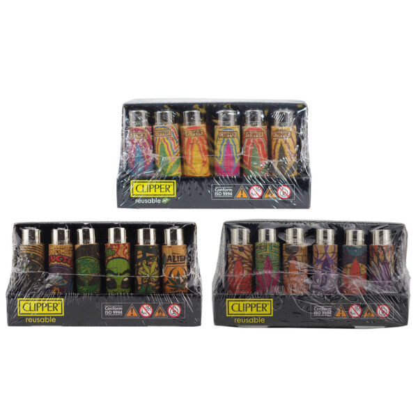 Three shrink-wrapped packages of Clipper disposable lighter sets on a plain white background. Each package contains multiple colorful patterned lighter bodies with silver metal tops and black bases.