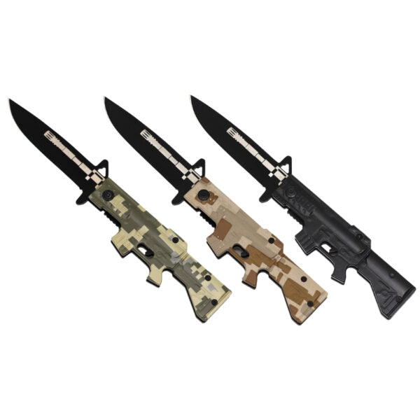 Three tactical folding knives with black blades are displayed diagonally on a plain white background. The handles feature three different camouflage patterns: a pixelated green/beige camo, a desert tan camo, and a solid black finish.