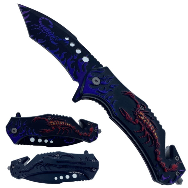 Three views of a folding pocket knife with a black handle and blade, featuring a blue scorpion design on the open view and red scorpion designs on the closed views, set against a plain white background.