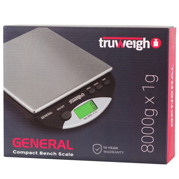 TruWeigh General bench scale retail box, showing a digital scale pictured on the front with product text including 'GENERAL', '8000g x 1g', and '10 YEAR WARRANTY'.