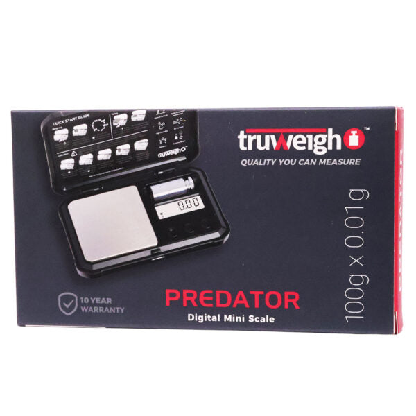 TruWeigh Predator digital mini scale box, showing the black and silver scale pictured on the packaging against a white background.