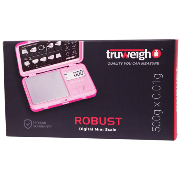 TruWeigh Robust Digital Mini Scale in pink, shown in its retail packaging box against a white background.