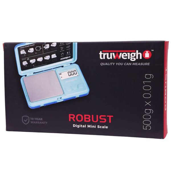 TruWeigh Robust Digital Mini Scale retail box, black packaging with a blue and silver scale pictured on the front, white and red text, and product details including 500g x 0.01g.