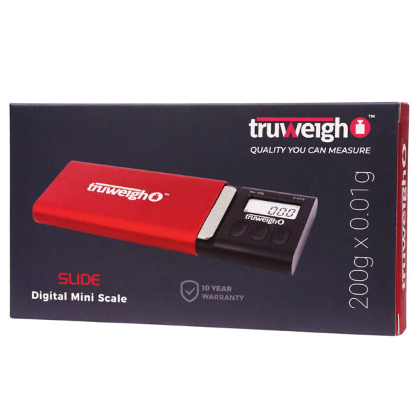 TruWeigh Slide Digital Mini Scale retail packaging box, featuring a red and black digital scale illustration on a dark charcoal background with white and red text.