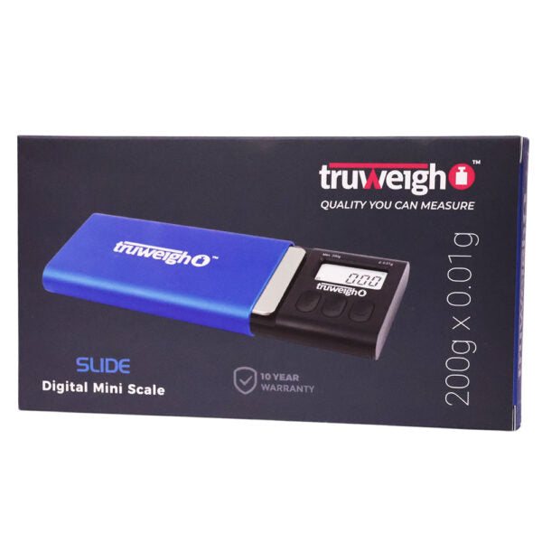 TruWeigh Slide Digital Mini Scale retail packaging box, showing a blue and black digital scale on a dark background with product text and the TruWeigh logo.
