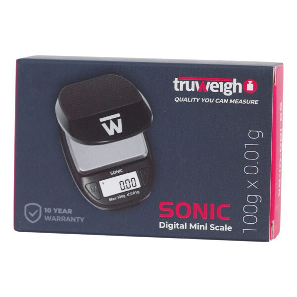 TruWeigh Sonic Digital Mini Scale retail packaging box, showing a black digital scale graphic on a dark blue box with red and white text.