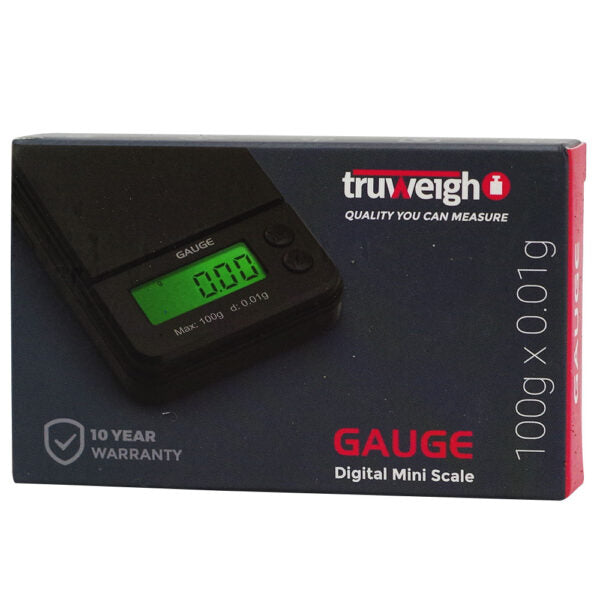 TruWeigh digital mini scale box in black packaging with red and white text, showing a photo of the black digital scale with a green LCD display.