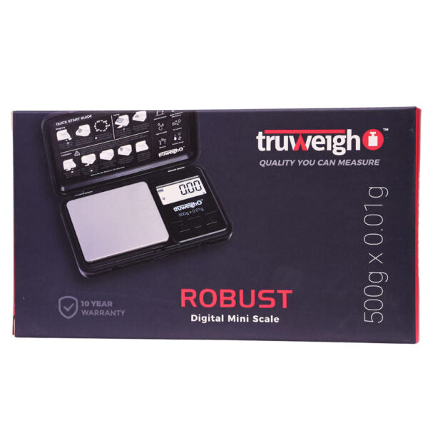 Truweigh Robust digital mini scale box, black packaging with a photo of the scale, red and white branding, and text indicating 500g x 0.01g.