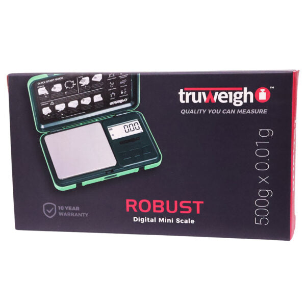 Truweigh Robust digital mini scale retail packaging box, showing a green and black handheld scale pictured on the front against a white background.