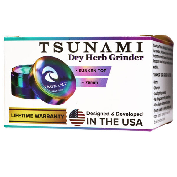 Tsunami Dry Herb Grinder packaging box, featuring a 75mm sunken top grinder with an iridescent rainbow finish, on a white background.