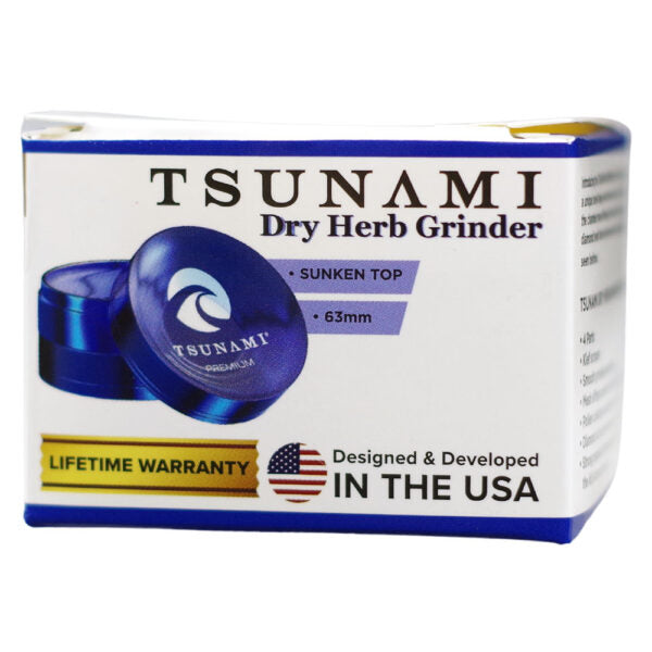 Tsunami Dry Herb Grinder packaging box, featuring a white background with blue borders, a blue cylindrical grinder illustration, and text highlighting 'Sunken Top' and '63mm'.