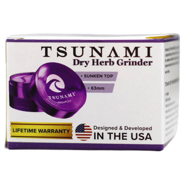 Tsunami Dry Herb Grinder packaging box, featuring a white box with purple accents, a purple grinder lid graphic, and text indicating 'Sunken Top' and '63mm'.