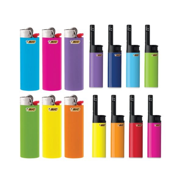 Twelve BIC disposable lighter candles in assorted colors, arranged in two rows of six on a plain white background.