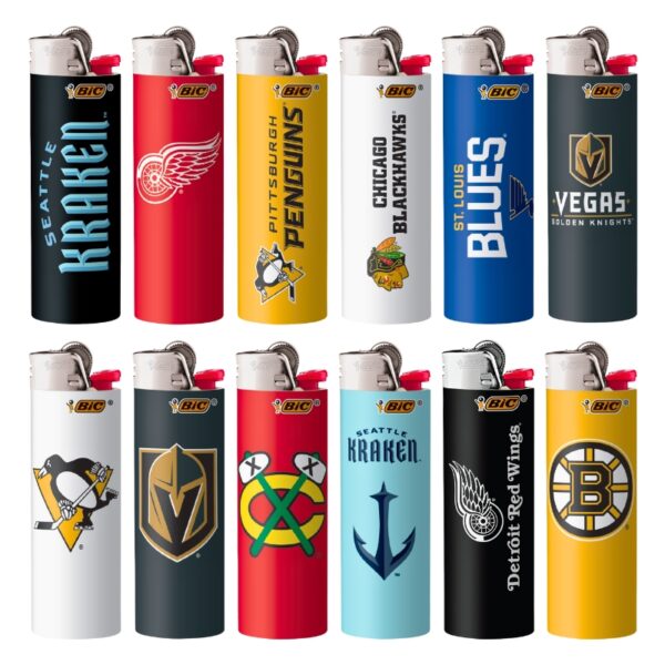 Twelve BIC lighter covers arranged in two rows of six, each featuring a different NHL team logo including Seattle Kraken, Detroit Red Wings, Pittsburgh Penguins, Chicago Blackhawks, St. Louis Blues, Vegas Golden Knights, Los Angeles Kings, Vegas Golden Knights, Seattle Kraken, Detroit Red Wings, Vancouver Canucks, and Boston Bruins.