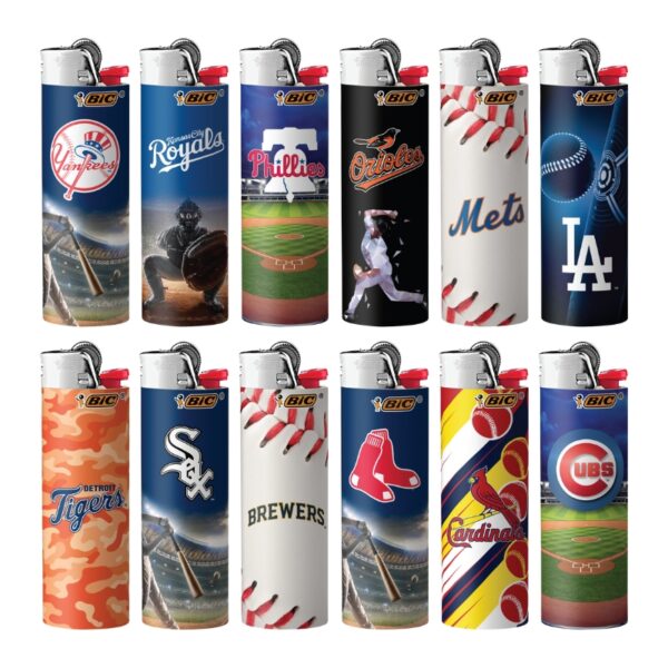 Twelve BIC lighters arranged in two rows of six, each featuring a different baseball team design including the Yankees, Royals, Phillies, Orioles, Mets, Dodgers, Tigers, White Sox, Brewers, Red Sox, Cardinals, and Cubs.
