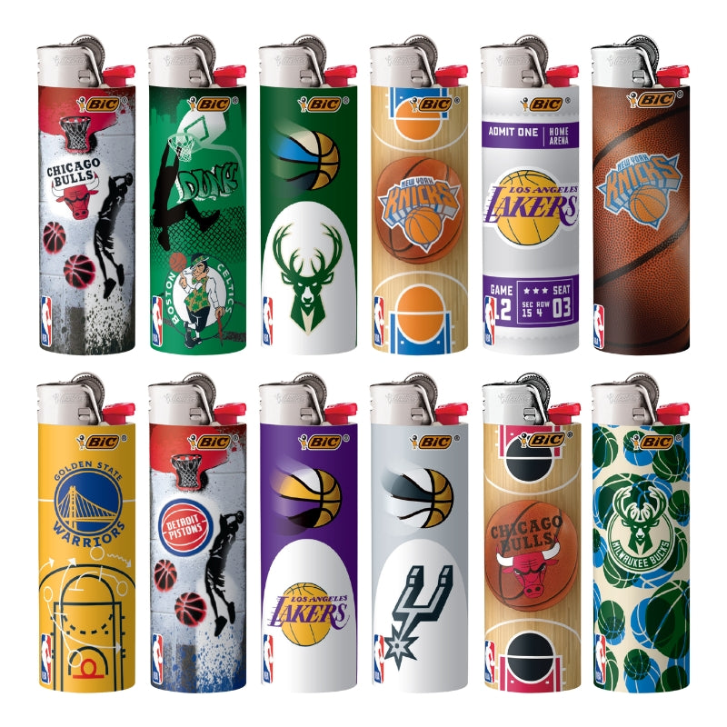 Twelve BIC lighters arranged in two rows of six on a plain white background. Each lighter features a different basketball team graphic, including Chicago Bulls, Denver Nuggets, Golden State Warriors, Los Angeles Lakers, San Antonio Spurs, and Milwaukee Bucks.