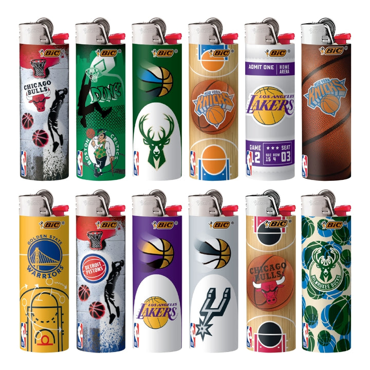 Twelve BIC lighters arranged in two rows of six on a plain white background. Each lighter features a different basketball team graphic, including Chicago Bulls, Denver Nuggets, Golden State Warriors, Los Angeles Lakers, San Antonio Spurs, and Milwaukee Bucks.