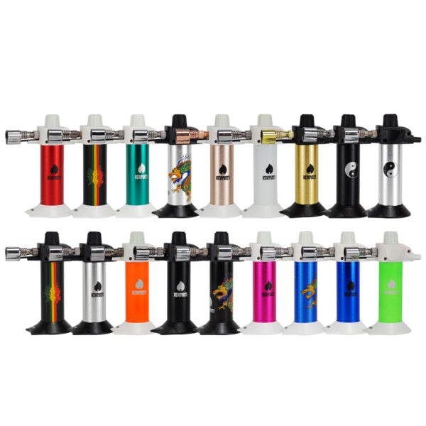 Twelve portable candle torch lighters arranged in two rows on a plain white background, each with a different color-coded body and a black logo.