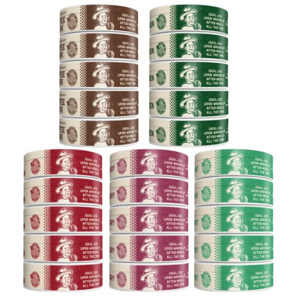 Twelve stacks of vintage-style whiskey labels in different colorways (brown, green, red, and magenta) arranged in a grid on a plain white background.