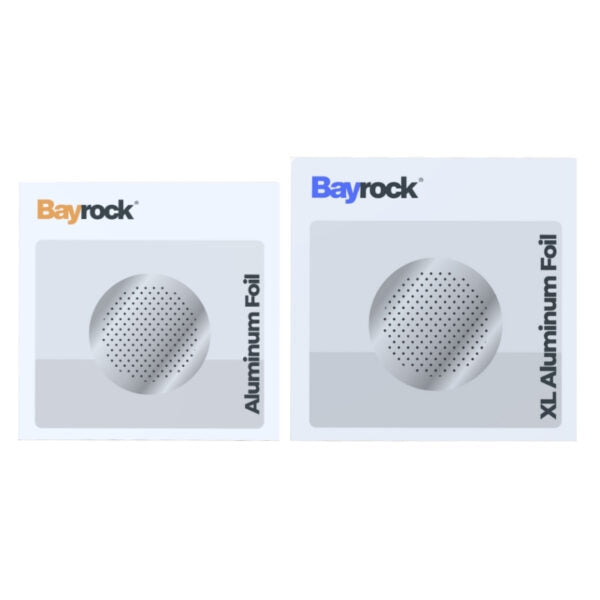 Two Bayrock branded replacement aluminum foil packets on a white background, one labeled Aluminum Foil and the other XL Aluminum Foil.
