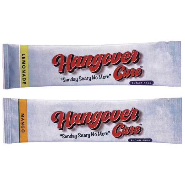Two Hangover Cure sugar-free stick packs, one Lemonade and one Mango, displayed horizontally on a plain white background.