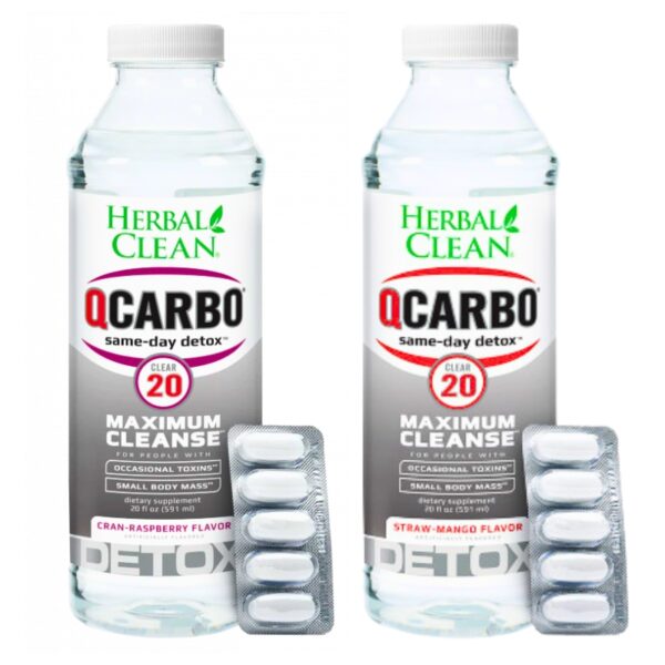 Two Herbal Clean QCarbo same-day detox bottles labeled Maximum Cleanse, shown side by side with two blister packs of white tablets on a plain white background.